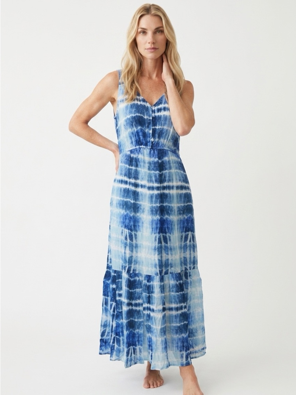Beach Lunch Lounge Women's Small Boho Tie Dye Print Tiered Maxi Prairie Dress